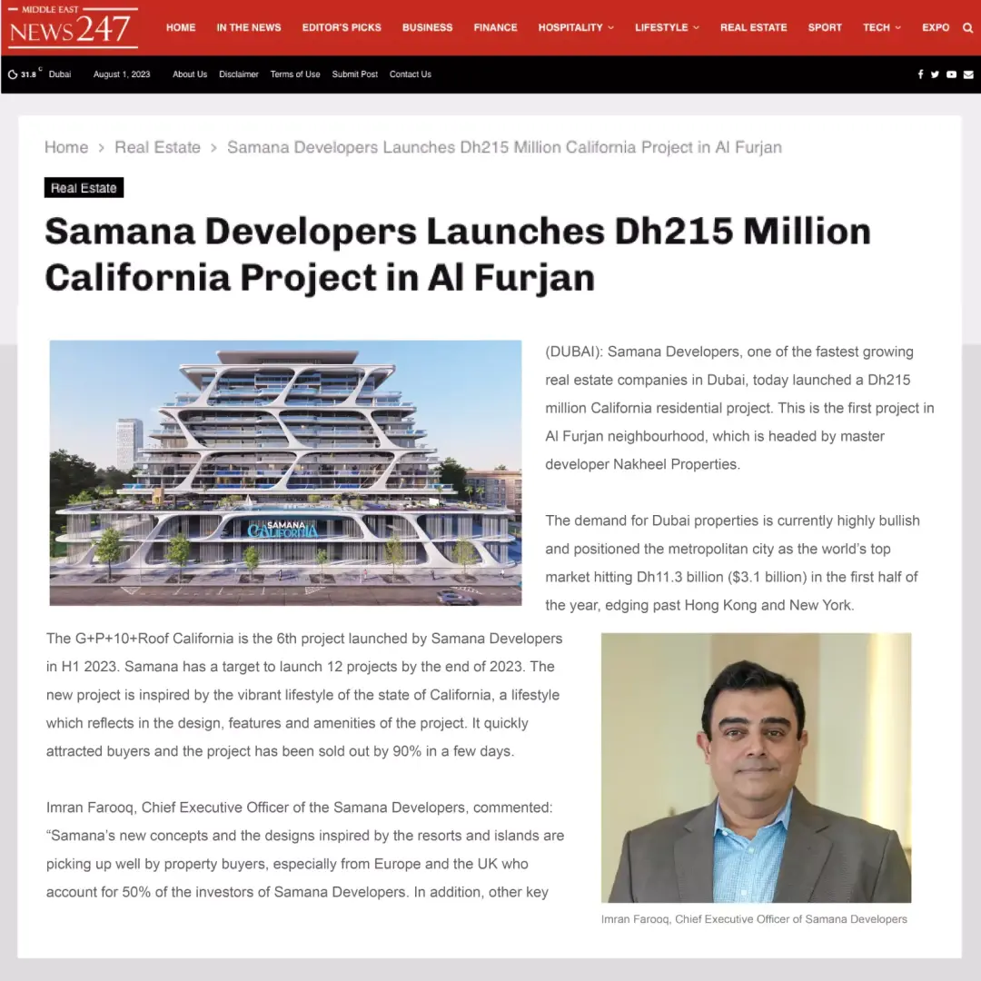 SAMANA Developers Launches Dh215 Million California Project in Al Furjan