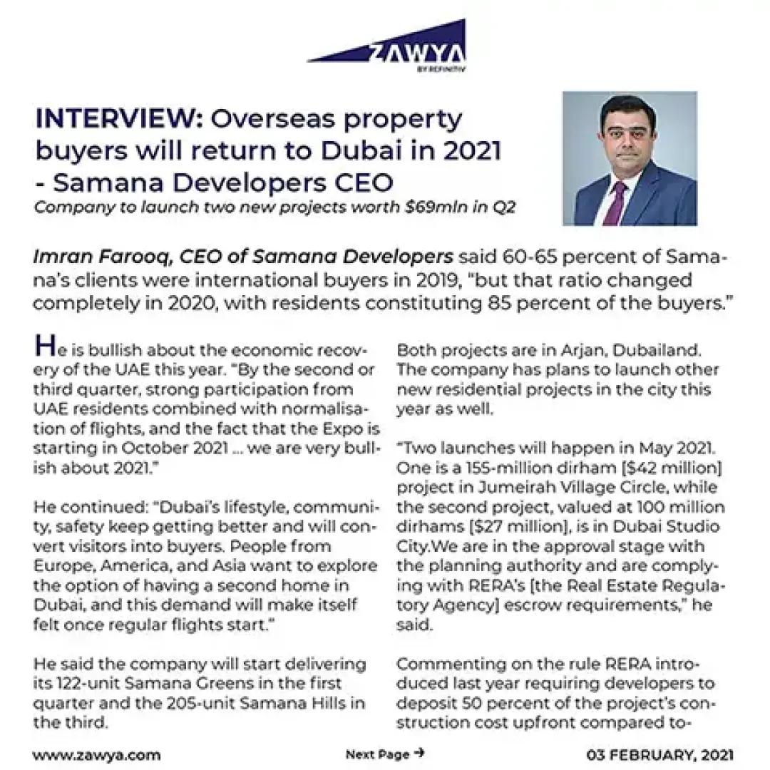 INTERVIEW: Overseas property buyers will return to Dubai in 2021 - SAMANA Developers CEO